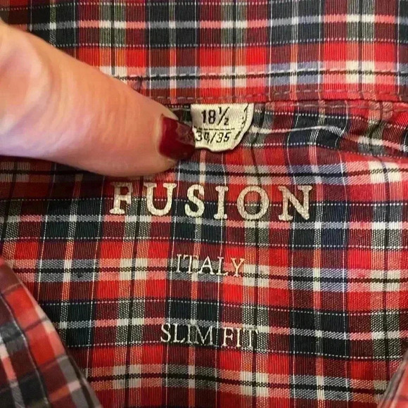 Fusion Men’s 18 1/2 34/35 Red White Blue Checkered Long Sleeve Button Down Shirt - Picture 6 of 7